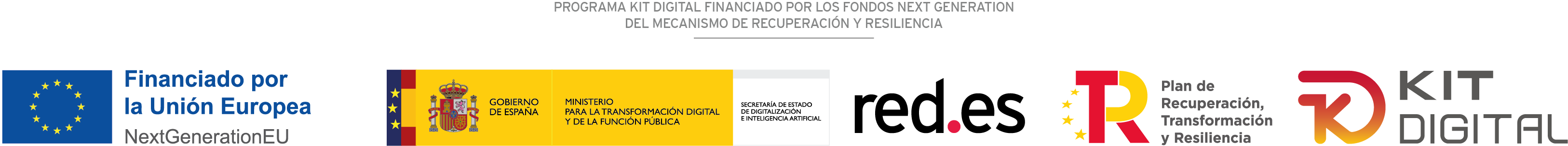 Programa Kit Digital financiado por los fondos Next Generation del Mecanismo de Recuperación y Resiliencia. Financiado por la Unión Europea – NextGenerationEU. Gobierno de España, Ministerio para la Transformación Digital y de la Función Pública. Red.es. Plan de Recuperación, Transformación y Resiliencia. Kit Digital.